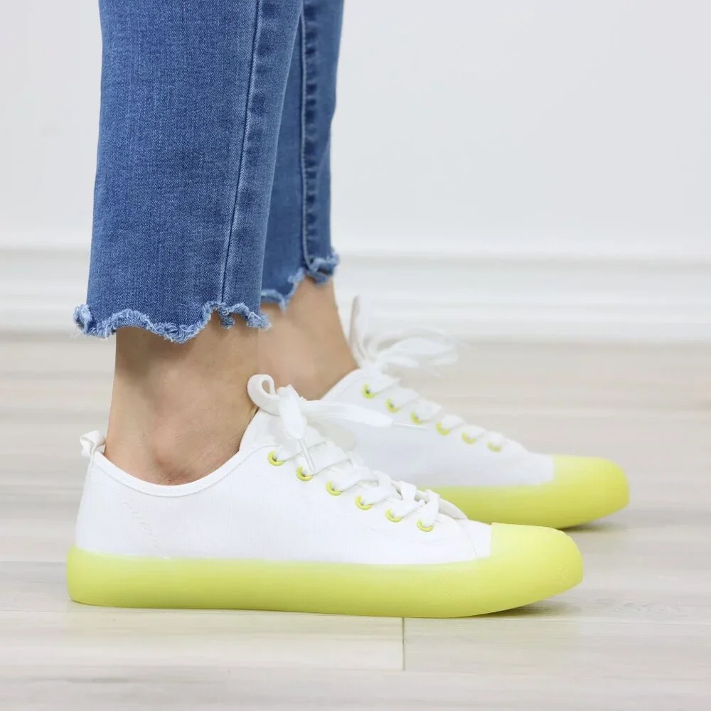 White & Neon Canvas Fabric Fashion Comfort Low Top Sneakers Shoes - Picture 5 of 14